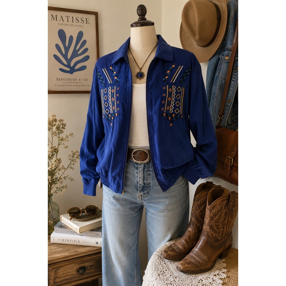 Vintage Cache Western Boho Embroidered Faux Suede Jacket Women's M 90s size M